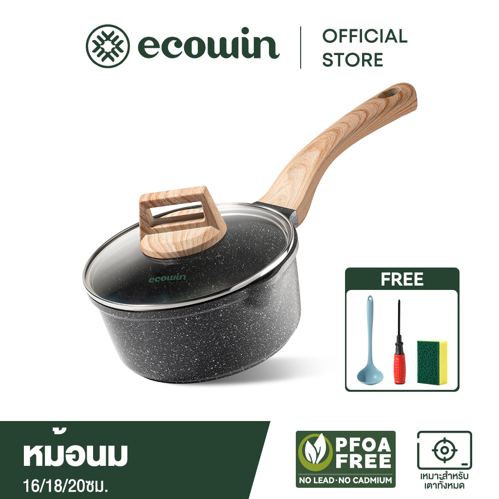 Ecowin หม้อซุป กระทะหินอ่อน ด้ามไม้ ขนาดเล็ก ไม่ติดหม้อ เหมาะสำหรับเตาแม่เหล็กไฟฟ้า และเตาแก๊ส ขนาด 