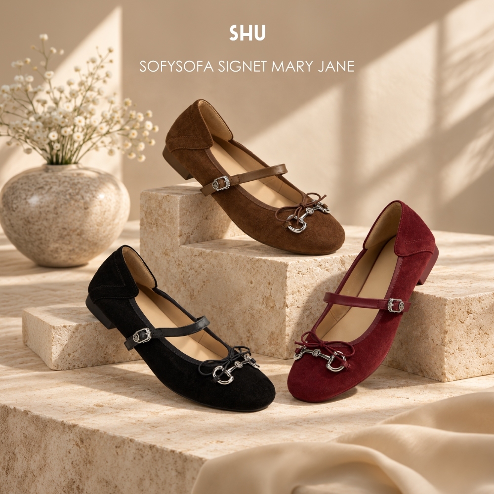 shu sofysofa SIGNET MARY JANE รองเท้าส้นแบนผู้หญิง หนังแกะแท้ (SUEDE BROWN, SUEDE RED, SUEDE BLACK)