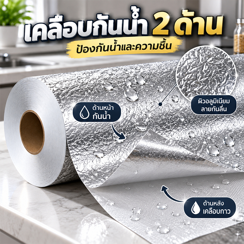 สติ๊กเกอร์อลูมิเนียมฟอยล์กันน้ำมัน 60x500ซม. มีกาวในตัว กันน้ำ กันคราบน้ำมัน ติดผนังครัว ทำความสะอาดง่าย