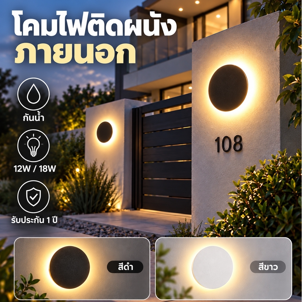 โคมผนังกลม LED กันน้ำกลางแจ้ง IP65 โคมตกแต่งแสงนุ่ม 360 องศา กำลังไฟ 12W/18W/24W เหมาะสวน ประตูบ้าน ห้องนอน เทอเรซ