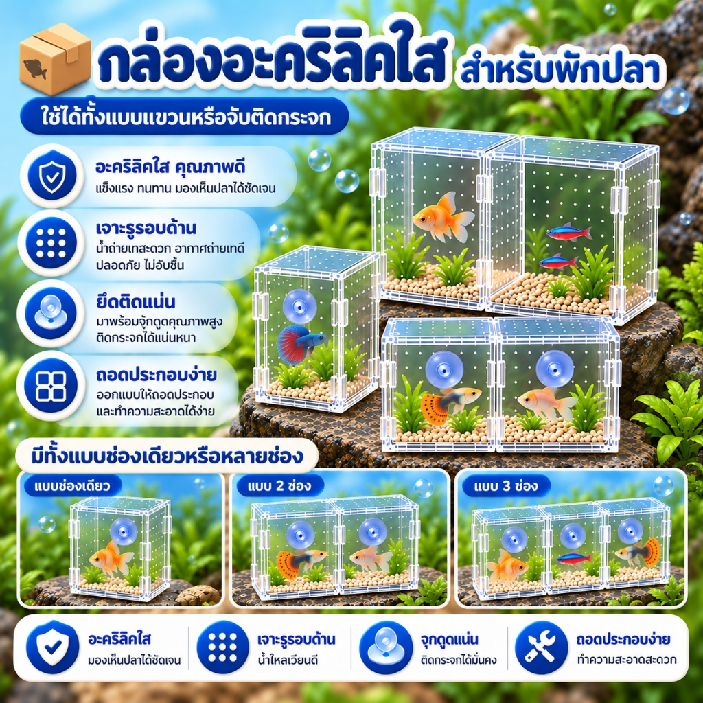 กล่องอะคริลิคใส สำหรับแยกปลา หรือกุ้ง มีหลายขนาด กั้นช่องสามารถถอดได้ แขวนหรือจุ๊บติดกระจกได้