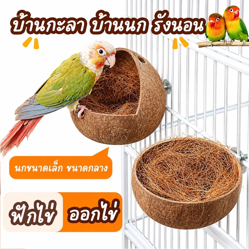 กะลามะพร้าวสำหรับทำรังนอนนก ออกไข่ ฟักไข่ ทำรัง ที่นอนนก บ้านนก บ้านนกกรงหัวจุก นกหงส์หยก ฟอพัส เลิฟเบิร์ด รังนกแก้ว