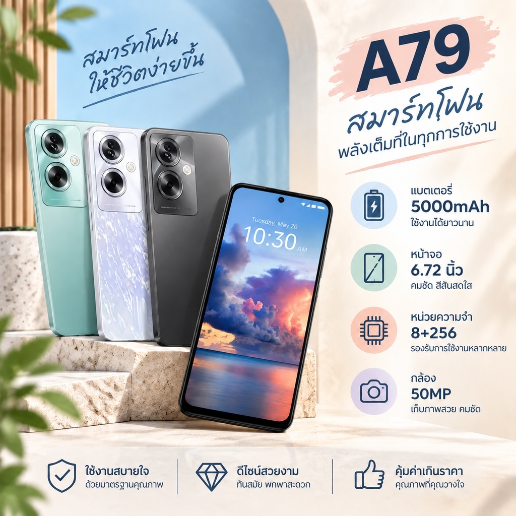 มือถือ Oppo A79 5G แรม 8GB รอม 256GB หน้าจอ 6.72 นิ้ว ความละเอียดสูง แบตเตอรี่ 5000mAh สินค้าพร้อมส่งทันที
