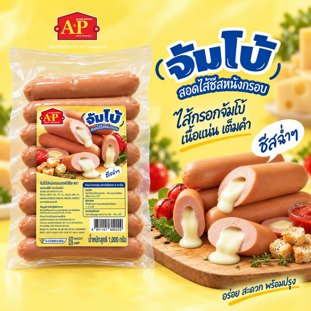 จัมโบ้สอดไส้ชีสหนังกรอบ 1000 กรัม 15 แถม 1 ชิ้น /แพ็คเจลเย็น 🧊