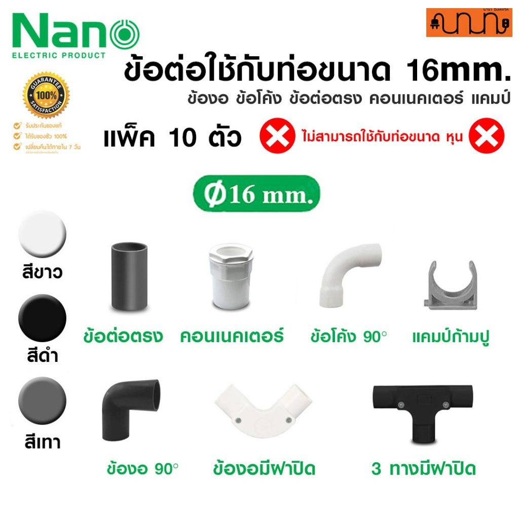 (ใช้กับท่อ 16mm.) ข้อต่อ Nano แท้💯% ข้องอ ข้อโค้ง ข้อต่อตรง คอนเนคเตอร์ แคมป์