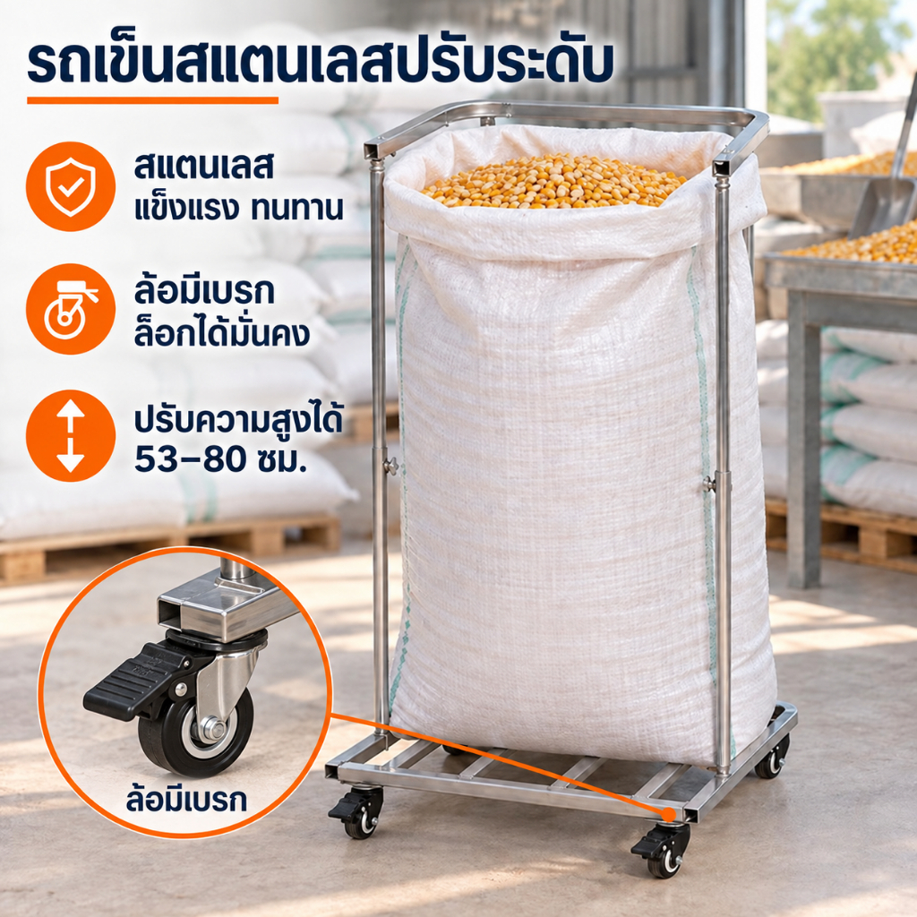 รถเข็นกระสอบถุงปุ๋ย ทำจากท่อเหล็ก รุ่นพร้อมเบรครถ ปรับระดับความสูงได้ มีล้อรถเข็น ที่สะดวก ใช้ขนส่งปุ๋ยและพืชผล