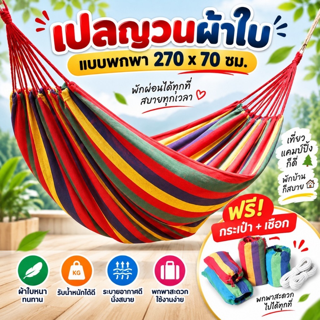 YP-441 เปลยวน แบบพกพา เปลยวน 270 x 70 เปลญวนผ้าใบ(แถมฟรีกระเป๋าและเชือก) บ้าน เปลเดินป่า เปล เปลญวน เปลสีรุ้ง ขนาดใหญ่