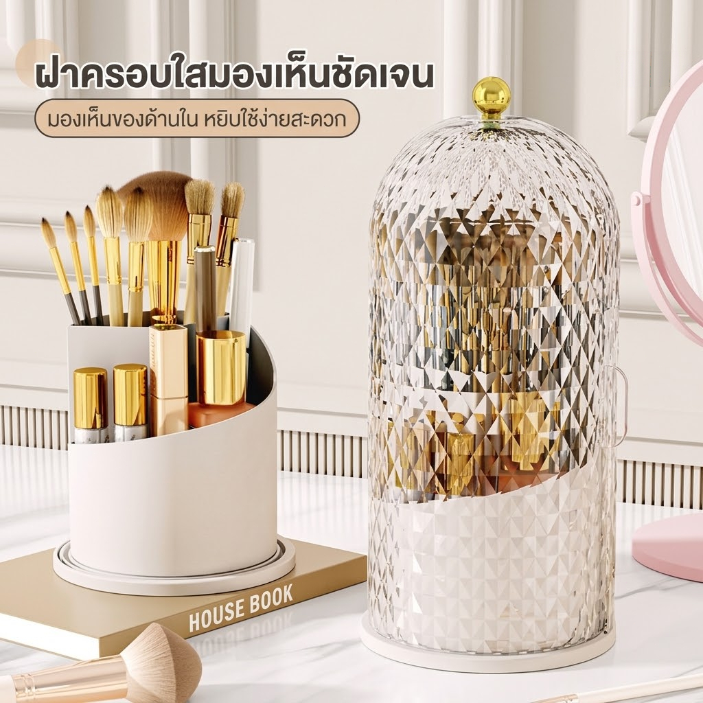 🔥พร้อมส่ง🔥 กล่องใส่แปรงแต่งหน้า หมุนได้ 360 องศา มีฝากันฝุ่น ชั้นวางเครื่องสำอาง ลายเพชรสุดหรู จุได้เยอะ