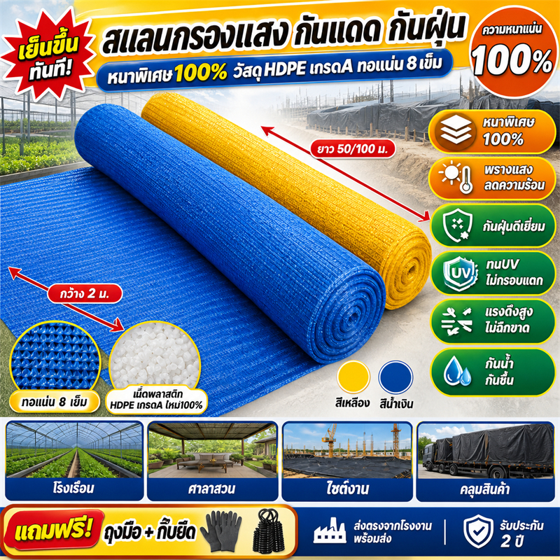 【แถมตัวล็อคสแลน】ขายตรงจากโรงงาน สแลนกันแดด หลายสีสัน สีเบจ สีฟ้าสแลนกรองแสง 90%/100%(2mX25m/50m/100m) โรงเรือน โรงรถ