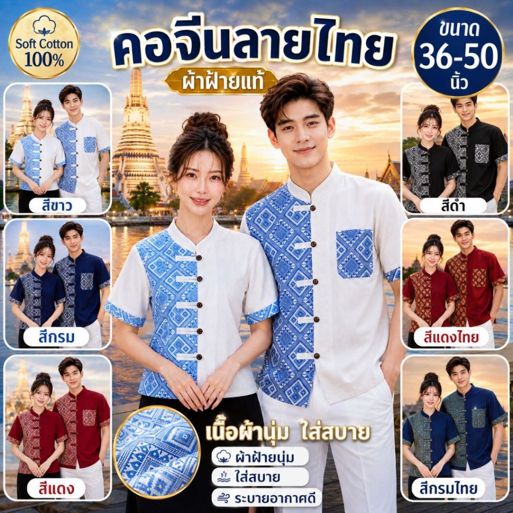 เสื้อคอจีน ลายขิด- ทูโทนมี 7 สี