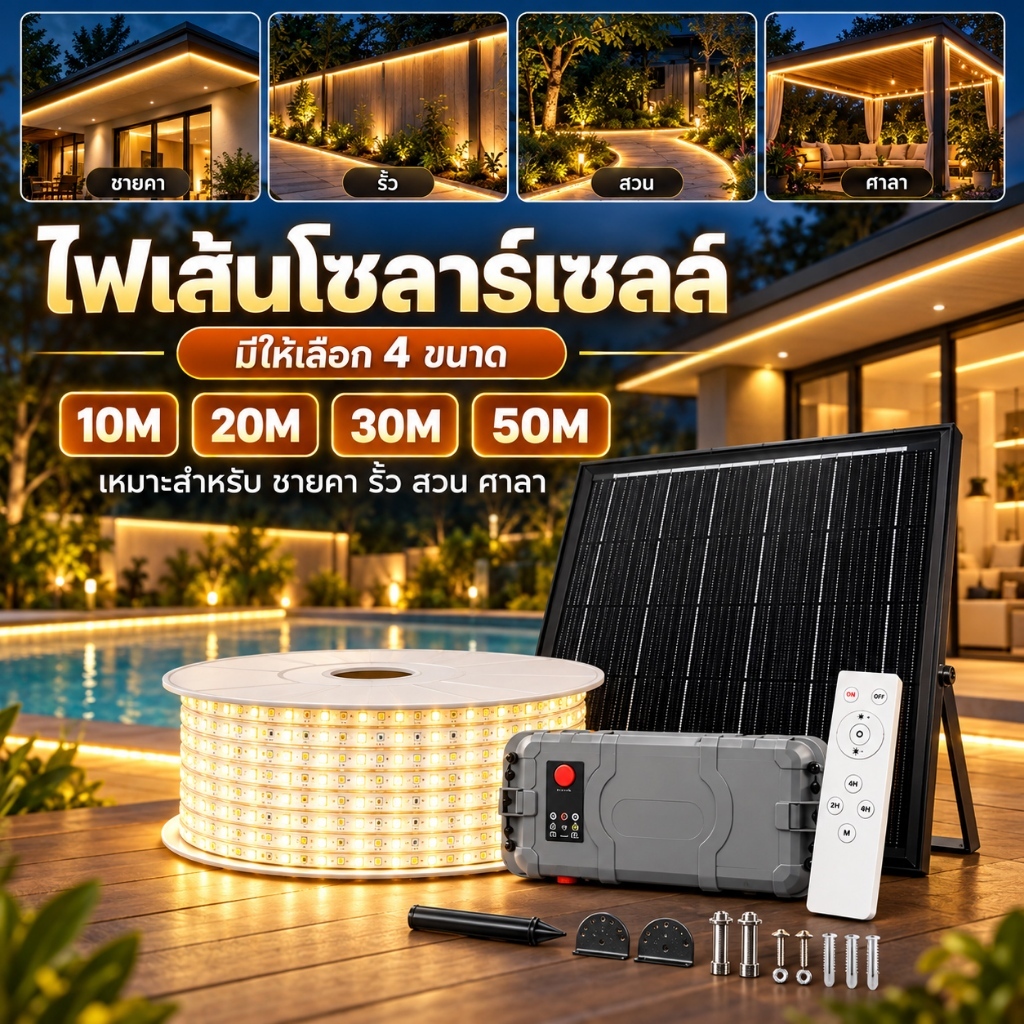 ไฟเส้น LED โซลาร์เซลล์ พร้อมรีโมท 3000K IP65 มีให้เลือก 10M 20M 30M 50M สำหรับบ้าน สวน รั้ว ศาลา