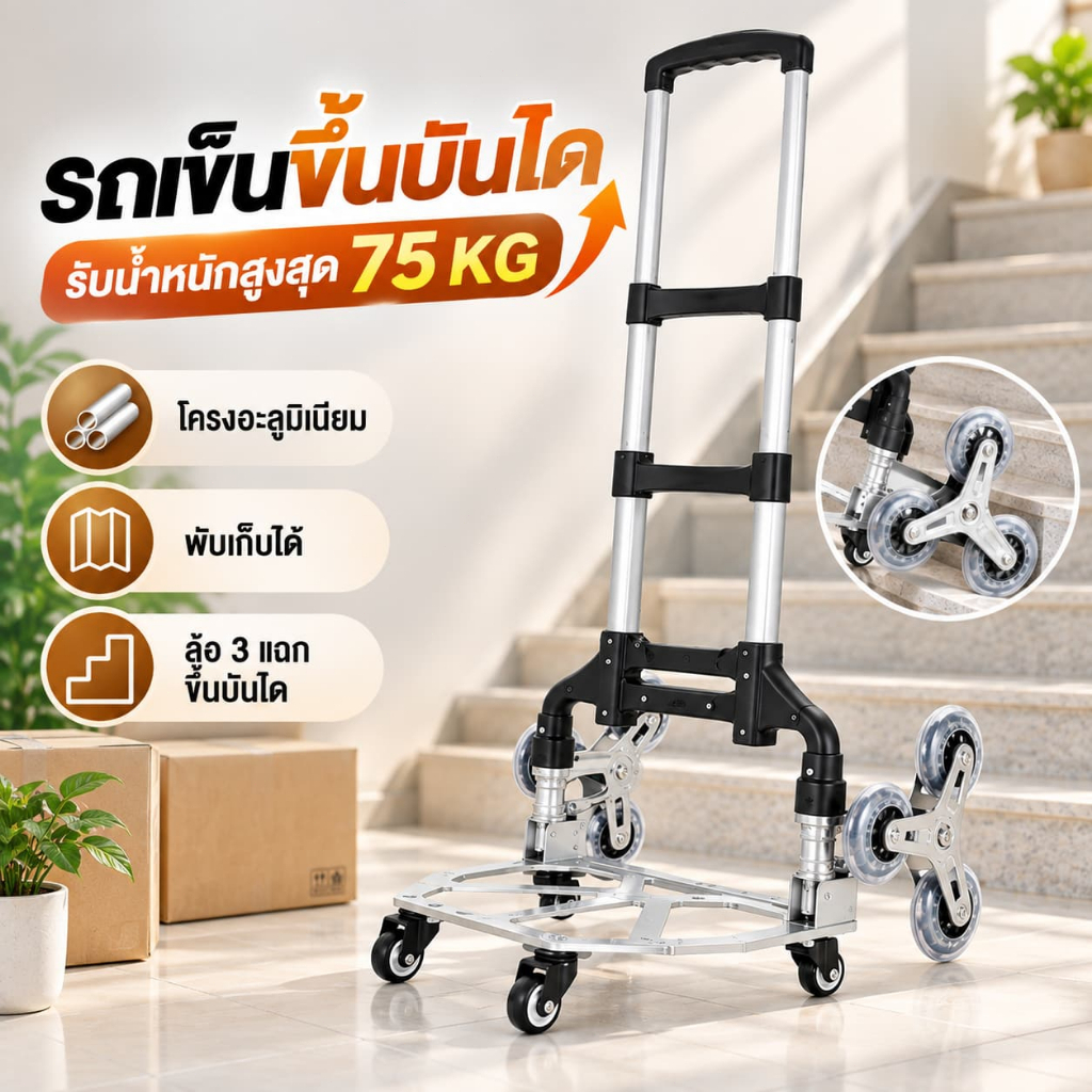 รถเข็นสี่ล้อ รถเข็นขึ้นบันได พับได้ รับน้ำหนัก 75 กิโลกรัม เหมาะสำหรับบ้านและซูเปอร์มาร์เก็ต ขายดี