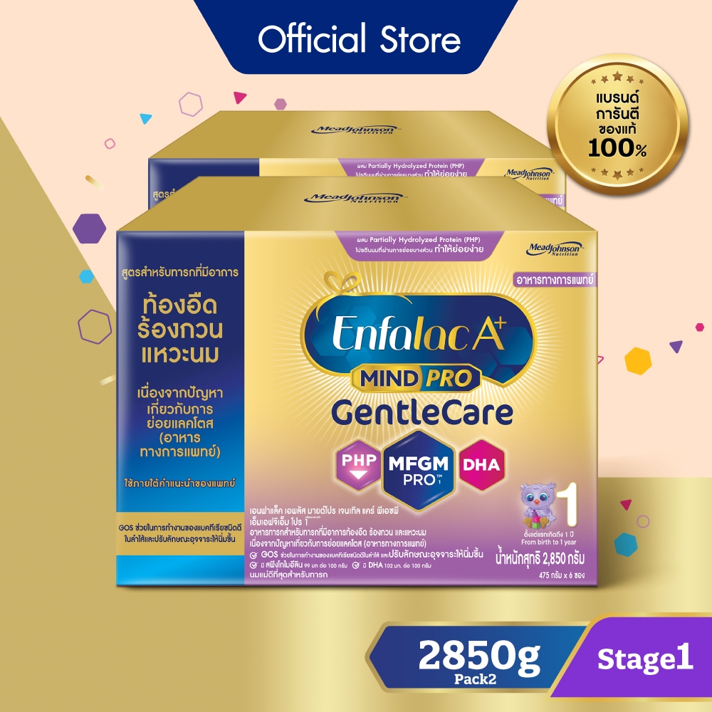 นมผง เอนฟาแล็ค เอพลัส มายด์โปร เจนเทิลแคร์ สูตร1 (2850 กรัม) x2 กล่อง Enfalac A+ MindPro Gentle Care Stage1 (2850 g) x2