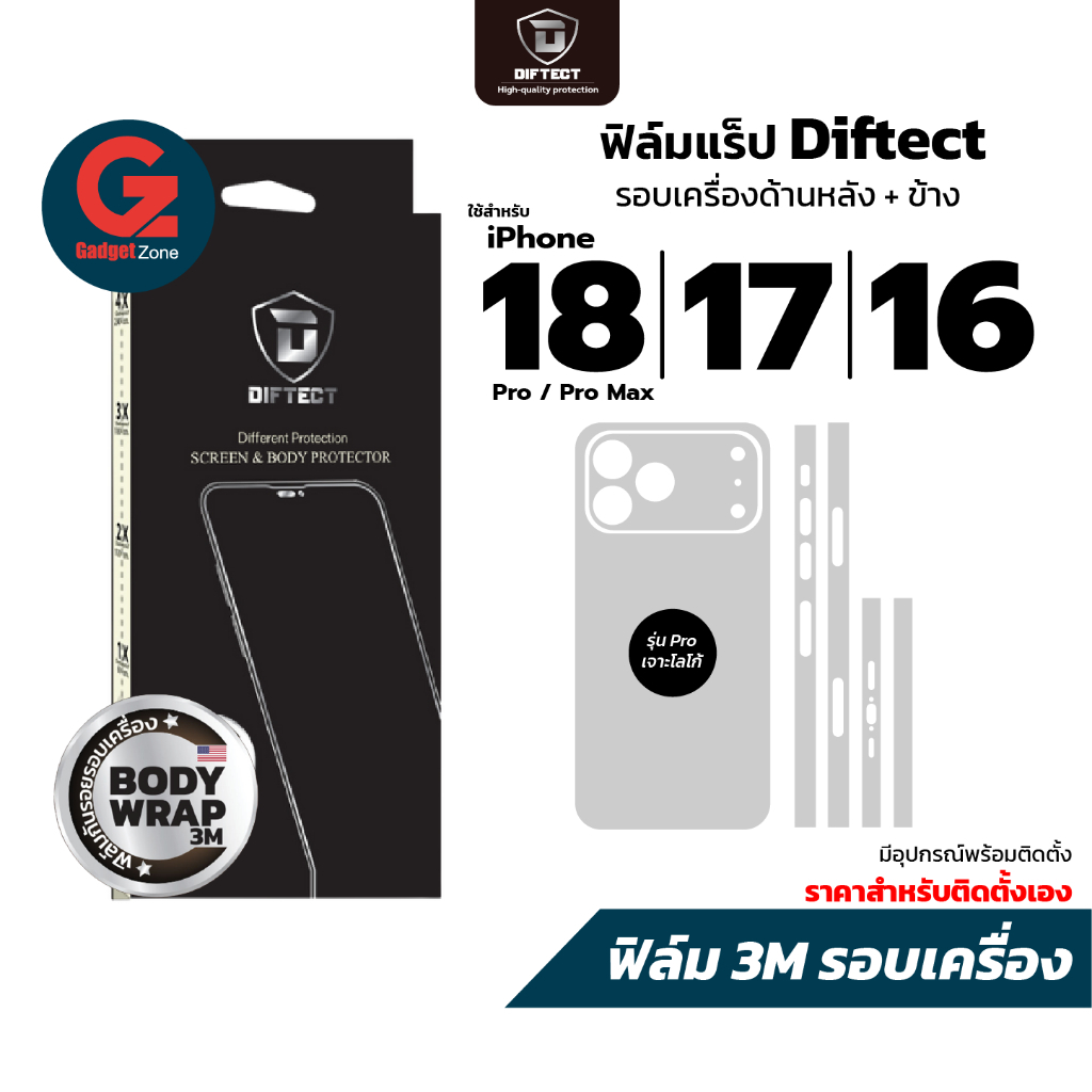 ฟิล์ม 3M แร็ปรอบตัวเครื่อง สำหรับ iPhone 18/17/16 ทุกรุ่น Diftect Body Wrap 3M (ฟิล์มหลัง+ข้าง)
