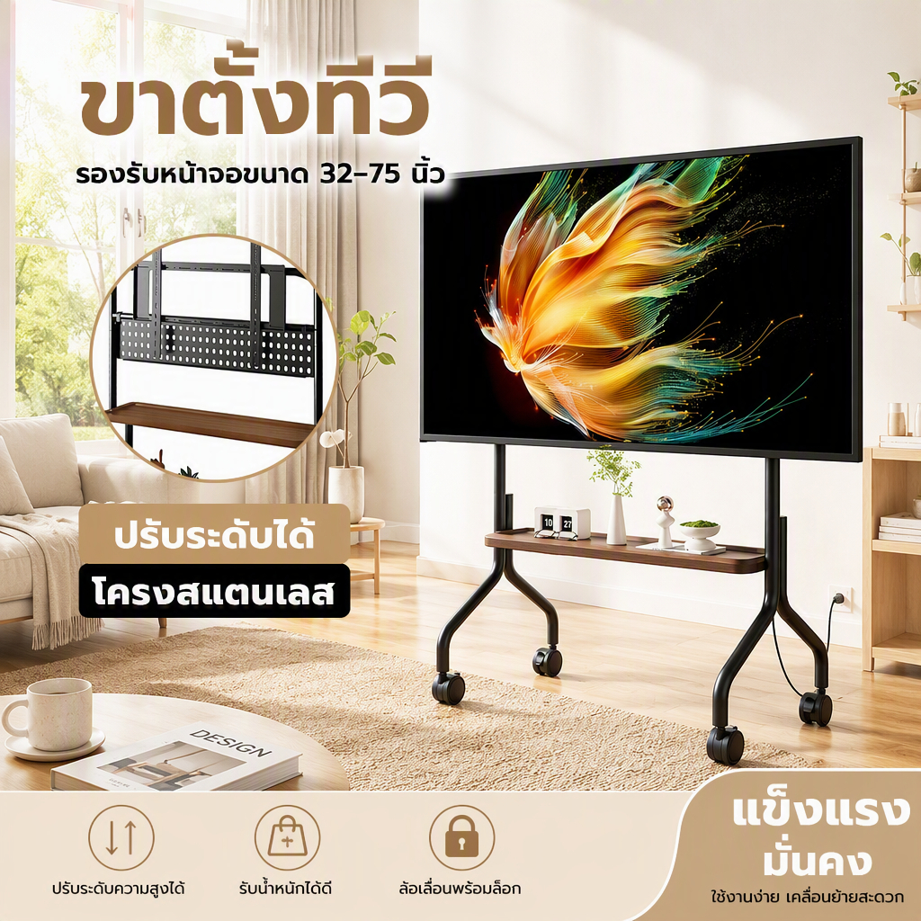 ขาตั้งทีวี 32-75 นิ้ว แบบตั้งพื้น ล้อเลื่อน ปรับระดับได้ โครงสแตนเลส แข็งแรง รองรับ 50kg เคลื่อนย้ายง่าย ใช้ได้กับ Smart