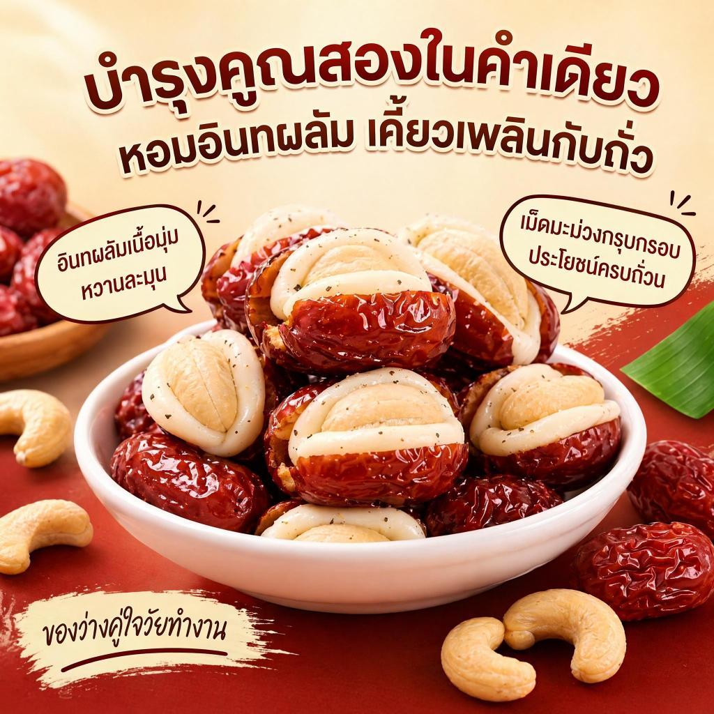 THTB พุทราจีนสอดไส้เม็ดมะม่วงหิมพานต์ 150-900กรัม หวานเหนียวกรอบมัน ขนมเพื่อสุขภาพ มีหลายขนาดให้เลือก พร้อมส่ง