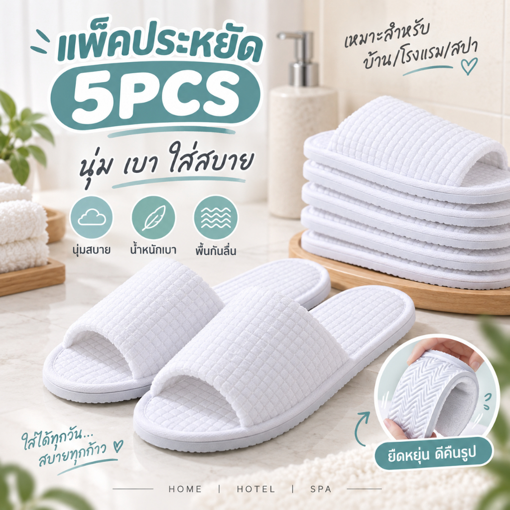 🔥5PCS🔥พฯรองเท้าโรงแรมห้าดาว รองเท้าแตะ กันลื่น นิ่มสบาย ของใช้ในห้องนอน ถูกที่สุด Slippers กันลื่น 3mm คุณภาพดีซ