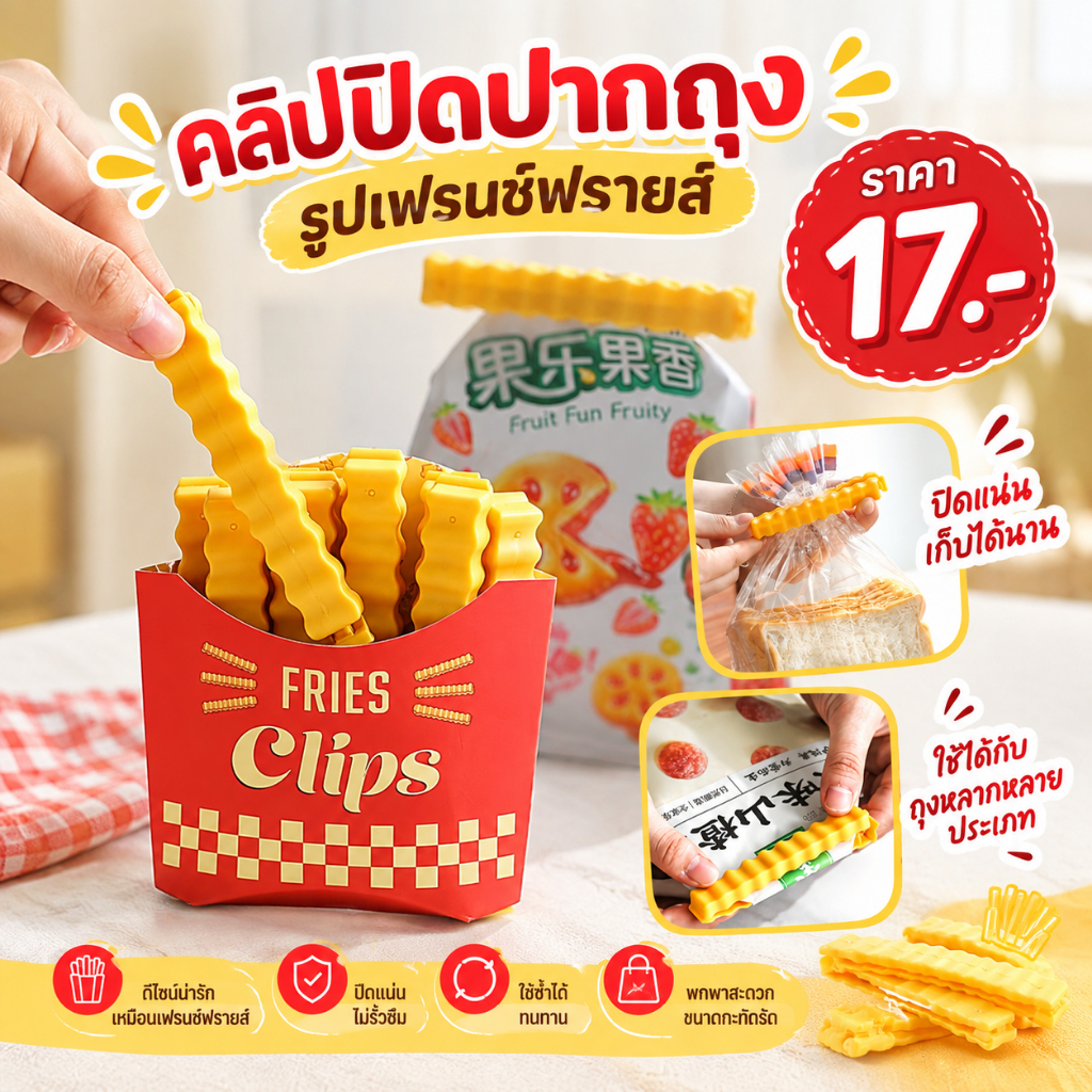 ที่ปิดปากถุงอาหารรูปเฟรนฟราย 🍟สินค้าพร้อมส่ง🍟 คลิปหนีบถุงอาหารรักษาความสด ใหม่ 12 ชิ้น B73