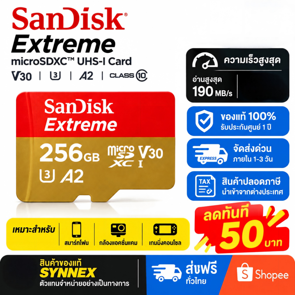 (ส่งด่วน)Sandisk Extreme micro SDcard 32GB/64GB/128GB/256GB/512GB/1TB การ์ดหน่วยความจำ A2 V30 อะแดปเตอร์