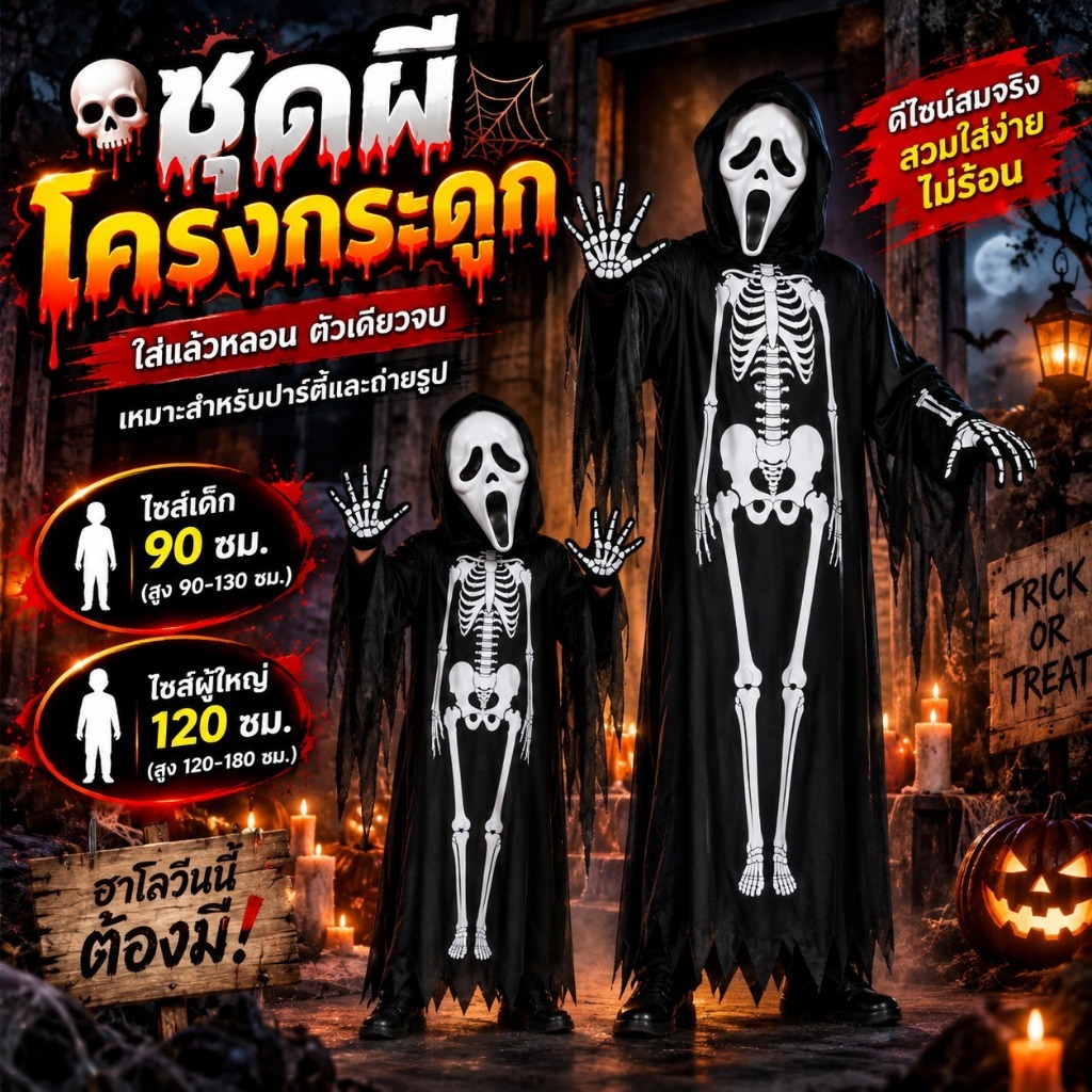 พร้อมส่งในไทย ชุดผีโครงกระดูกฮาโลวีน สำหรับเด็กและผู้ใหญ่ พร้อมหน้ากากและถุงมือ ชุดคอสเพลย์สำหรับปาร์ตี้ บ้านผีสิง และกา