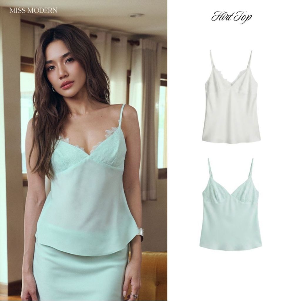 MISS MODERN -Flirt Top เสื้อสายเดี่ยว ผ้าซาติน เพิ่มลูกเล่นด้วยเลเยอร์ผ้าลูกไม้ ปรับสายได้