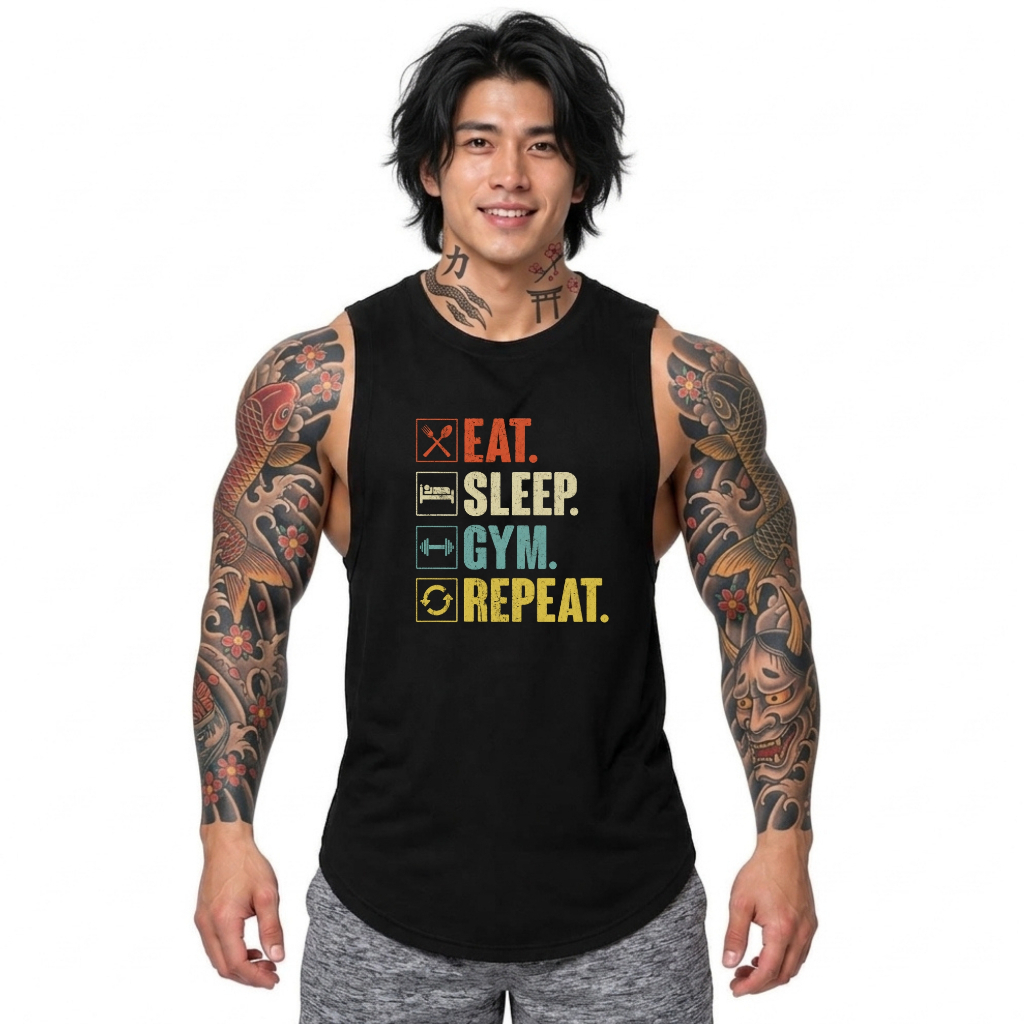 EAT SLEEP GYM REPEAT เสื้อยิม แขนกุดเว้าแขนกว้าง Drop Arm Tank Sleeveless Muscle Shirt