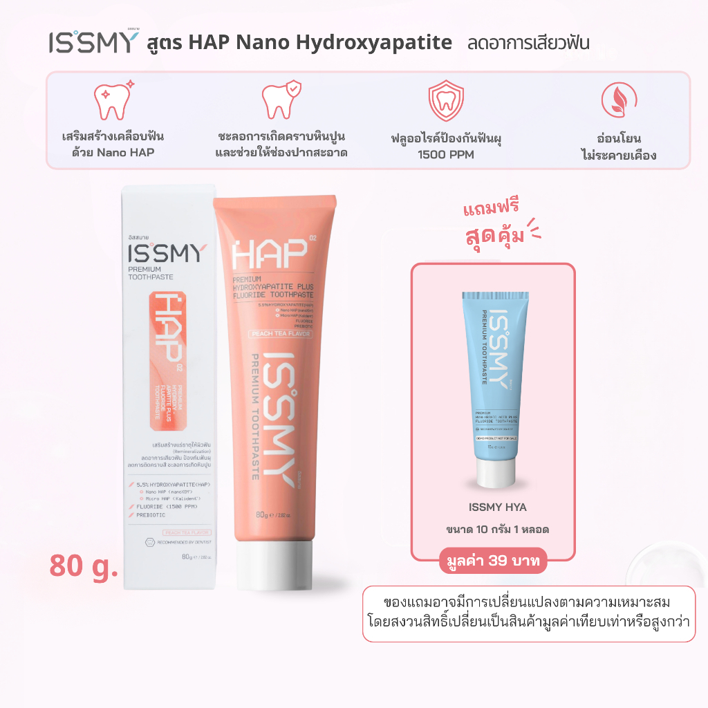 ISSMY ยาสีฟันลดเสียวฟัน สูตร HAP Hydroxyapatite กลิ่นชาพีช ผสมฟลูออไรด์ ลดเสียวฟัน ป้องกันฟันผุ ขนาด 80g