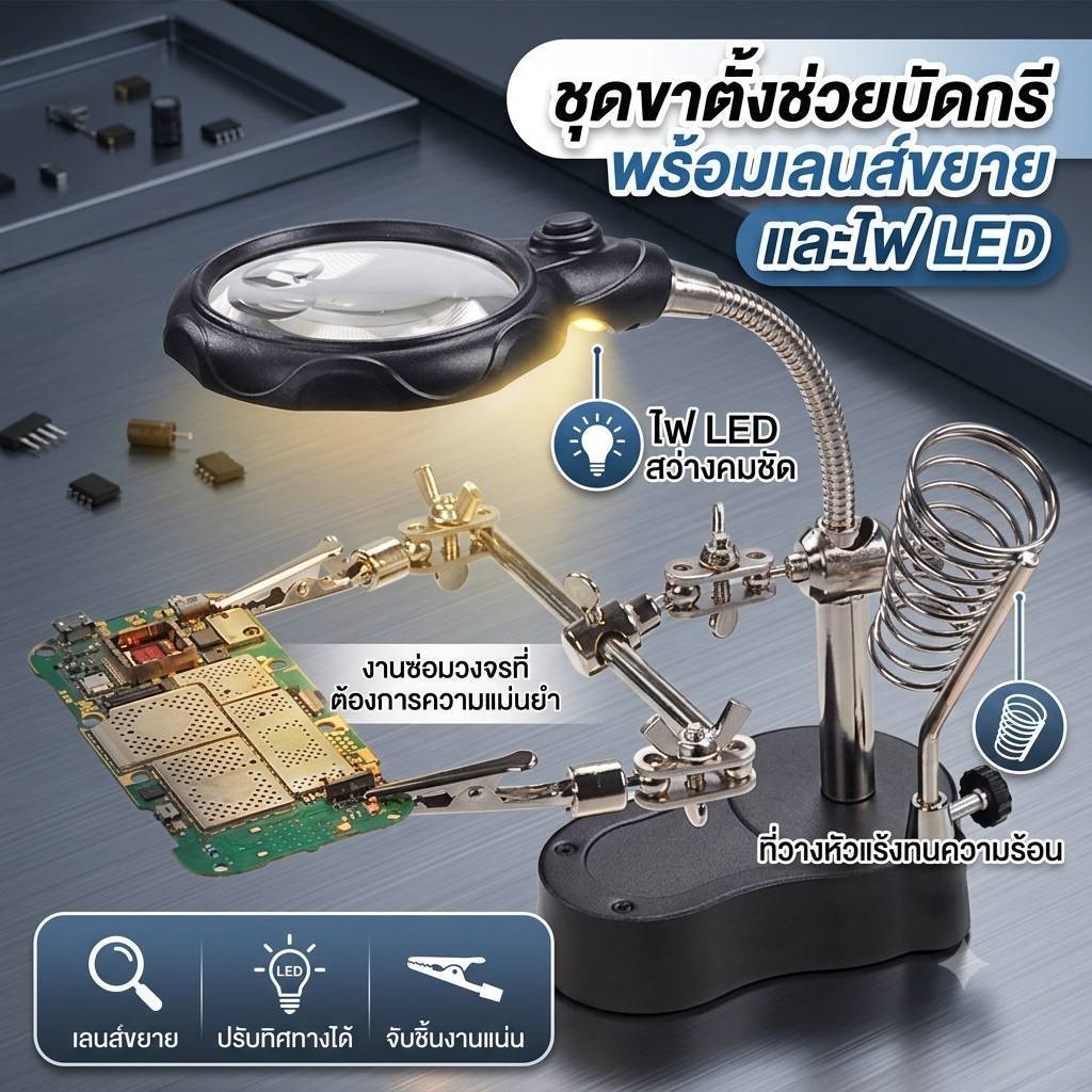แท่นจับพร้อมแว่นขยาย พร้อมที่จับชิ้นงาน TE-800และแท่นจับTE-801มาพร้อมไฟLED เลนส์ขยาย 3.5xขยายได้ชัดเจน