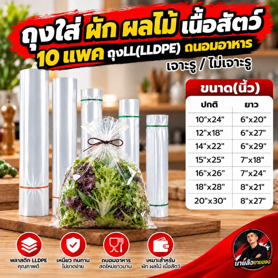 [10 แพค] ถุงใส่ผัก ผลไม้ เนื้อสัตว์ (LL) 500g และ 1000g ถุงแช่เย็น ถุงแช่อข็ง เจาะรู ไม่เจาะรู