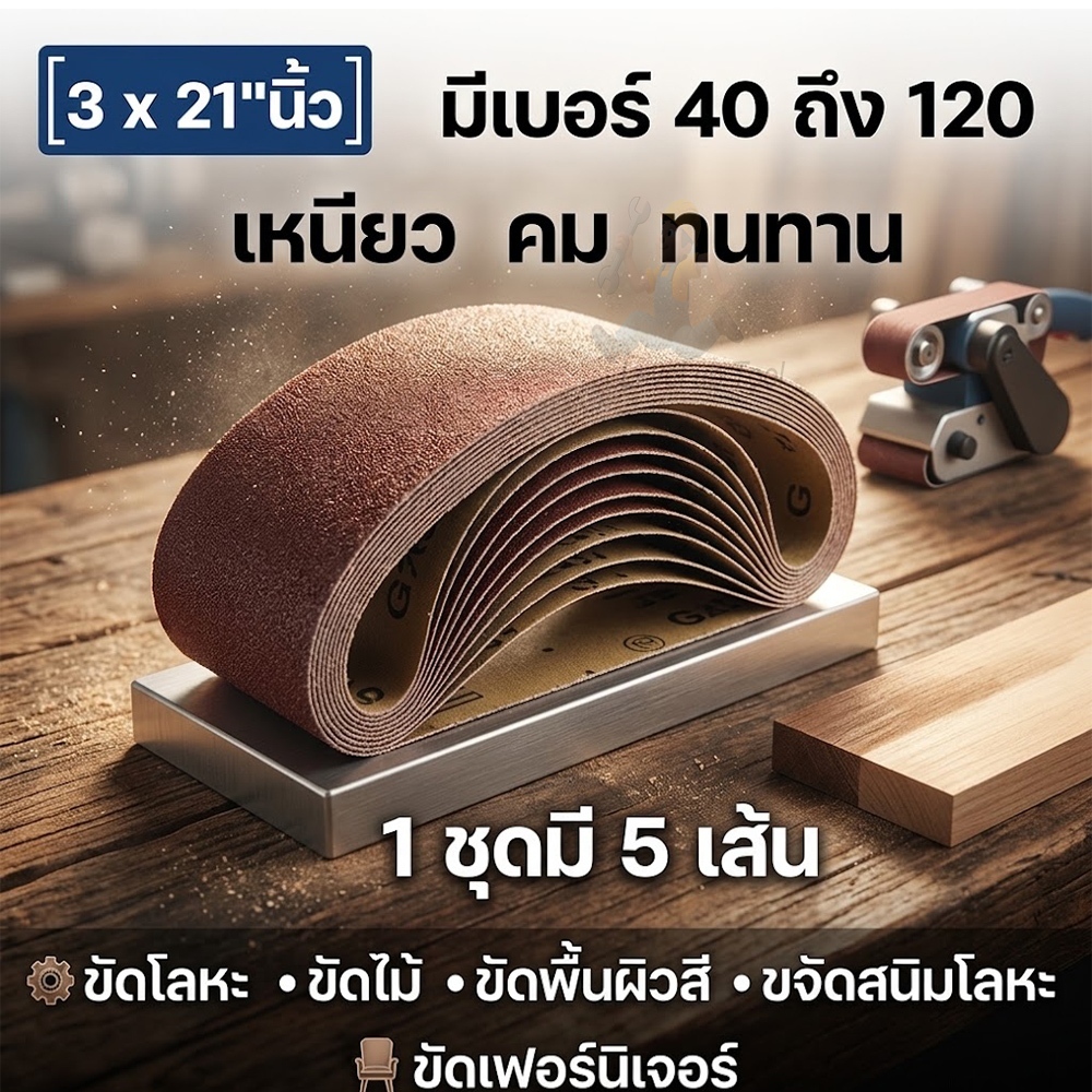 (1ชุด 5เส้น) กระดาษทรายสายพาน กระดาษทรายรถถัง ขนาด 3x21"นิ้ว เบอร์ 40-เบอร์ 120