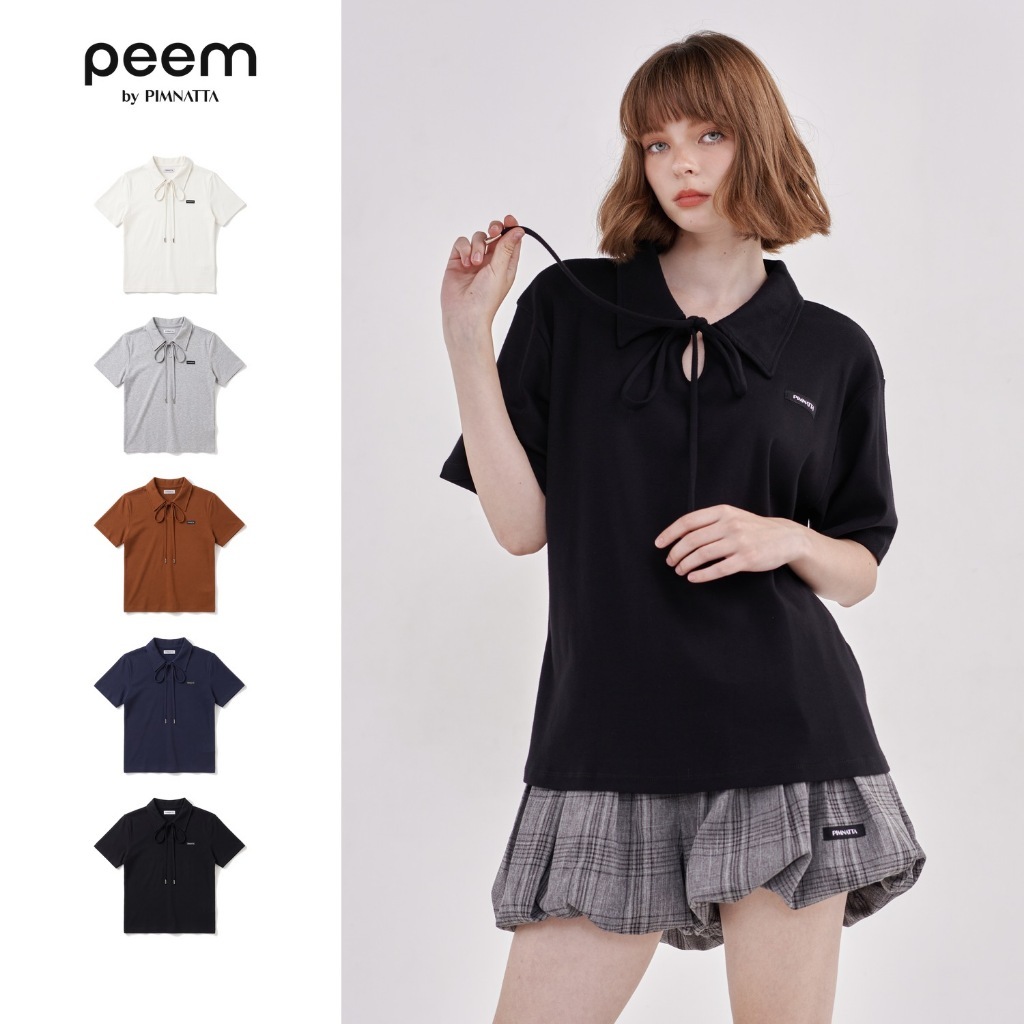 peem by pimnatta | Anya Bow Polo Top เสื้อโปโลผู้หญิง ปกโปโลผูกโบว์ แขนสั้น ทรงหลวม ใส่สบาย