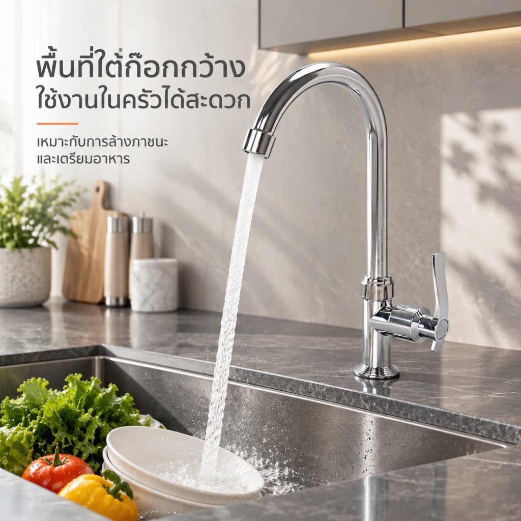 ก๊อกน้ำห้องครัว สไตล์โมเดิร์น โครเมียม คอโค้งสูง เข้ากับเคาน์เตอร์เทา/ดำ ตั้งเคาน์เตอร์ ก้านโยกข้าง ก๊อกน้ำอ่างล้างจาน