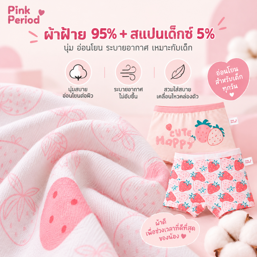 Pink Period กางเกงในเด็กผู้หญิง Cotton 100% เนื้อนุ่ม ไม่ระคายเคือง เอวยืดหยุ่น ใส่สบาย สำหรับเด็กผู้หญิง — صورة 3