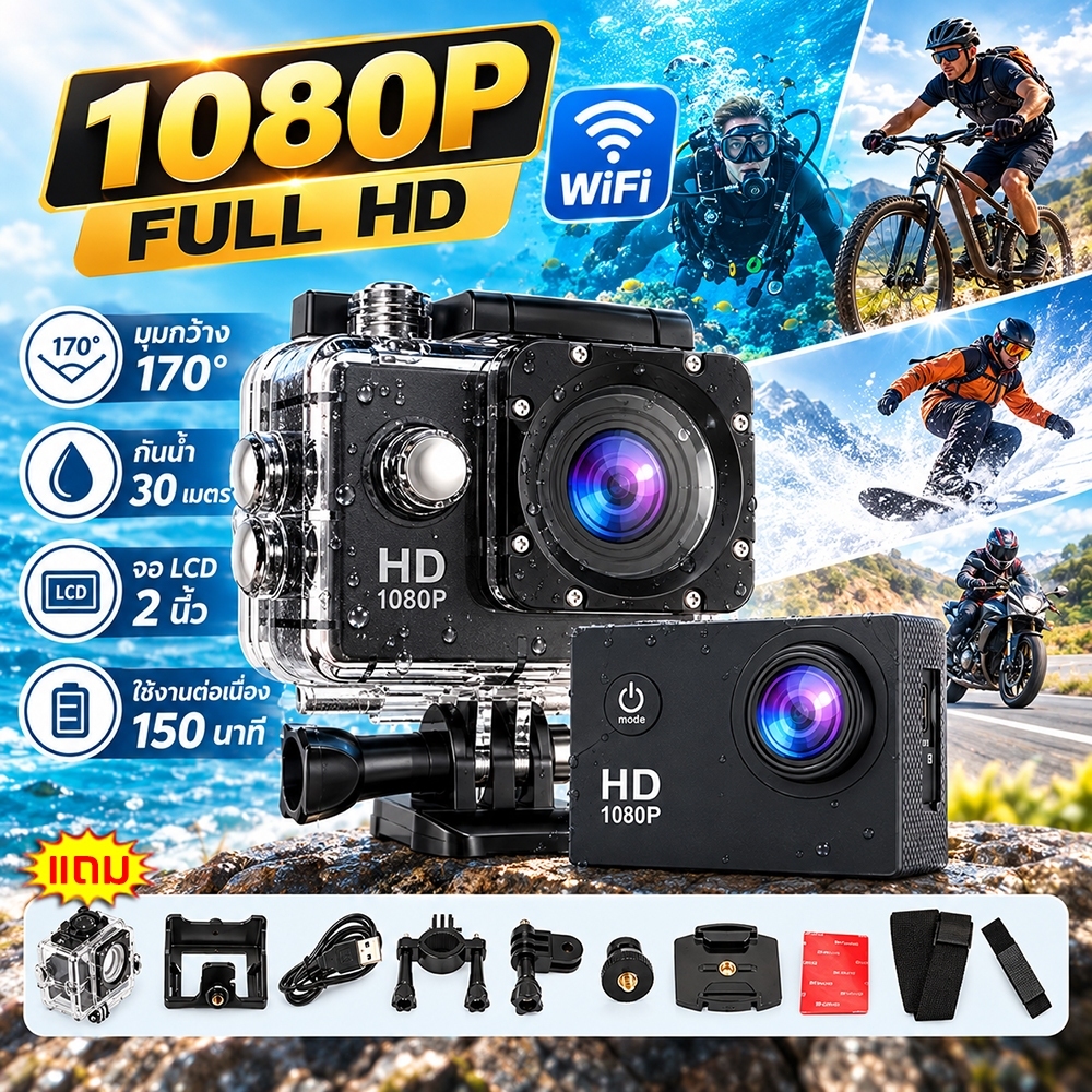 🔥รับประกัน 3ปี🔥กล้องแอคชั่น Full HD 1080P กล้องติดหมวกกันน็อค กันสั่น กันน้ำ จอ 2.0 นิ้ว สำหรับขับรถ เดินทาง ดำน้ำ