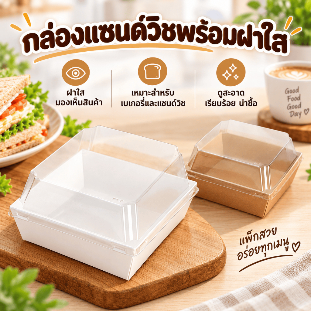 พร้อมส่ง กล่องขนมกระดาษฝาใส แพ็ค50ใบ วัสดุเกรดอาหาร กันน้ำกันมัน ใส่แซนวิชเบเกอรี่