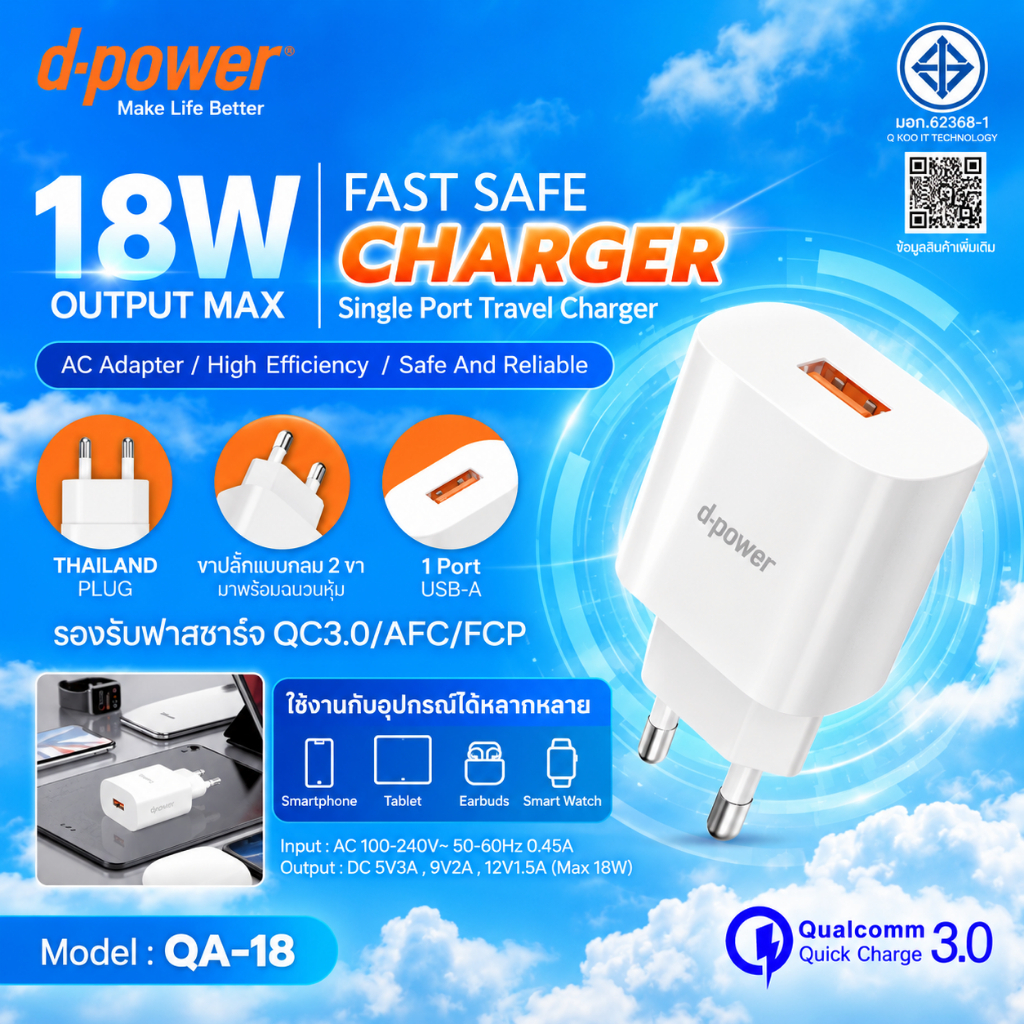 d-power หัวชาร์จด่วน 18W รุ่น QA-18 | Fast Charger Quick Charge 3.0 ขาปลั๊กกลม USB-A มอก.
