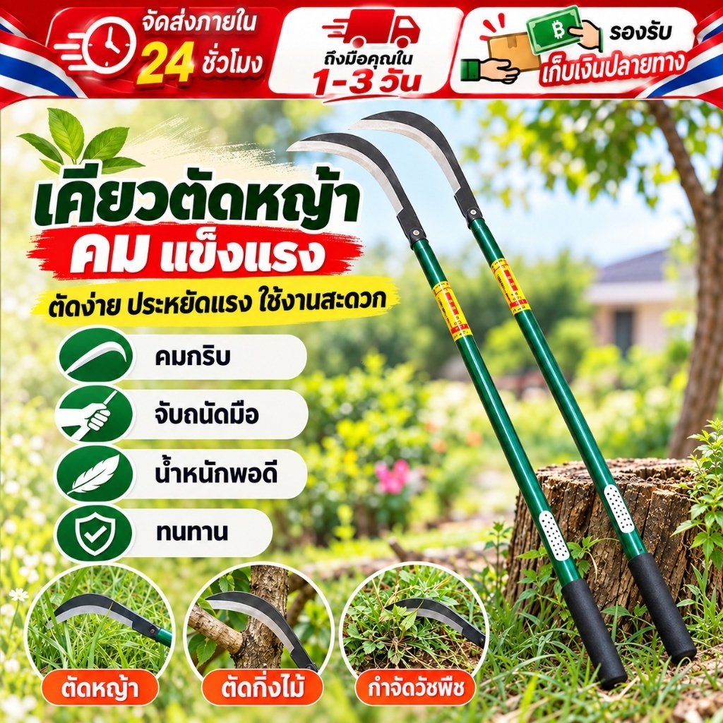 【ส่งด่วนจากไทย】COD เคียวตัดหญ้า ด้ามยาว ใบมีดคม แข็งแรง สำหรับตัดหญ้า กิ่งไม้ วัชพืช งานสวน ใช้งานง่าย จับถนัดมือ ทนทาน!