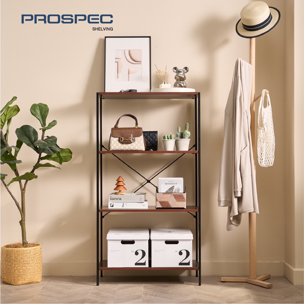 PROSPEC ชั้นวางของอเนกประสงค์ 4 ชั้น โครงเหล็ก แผ่นชั้นลายไม้ Walnut สไตล์ Modern Loft ขนาด 62x30x116 cm.