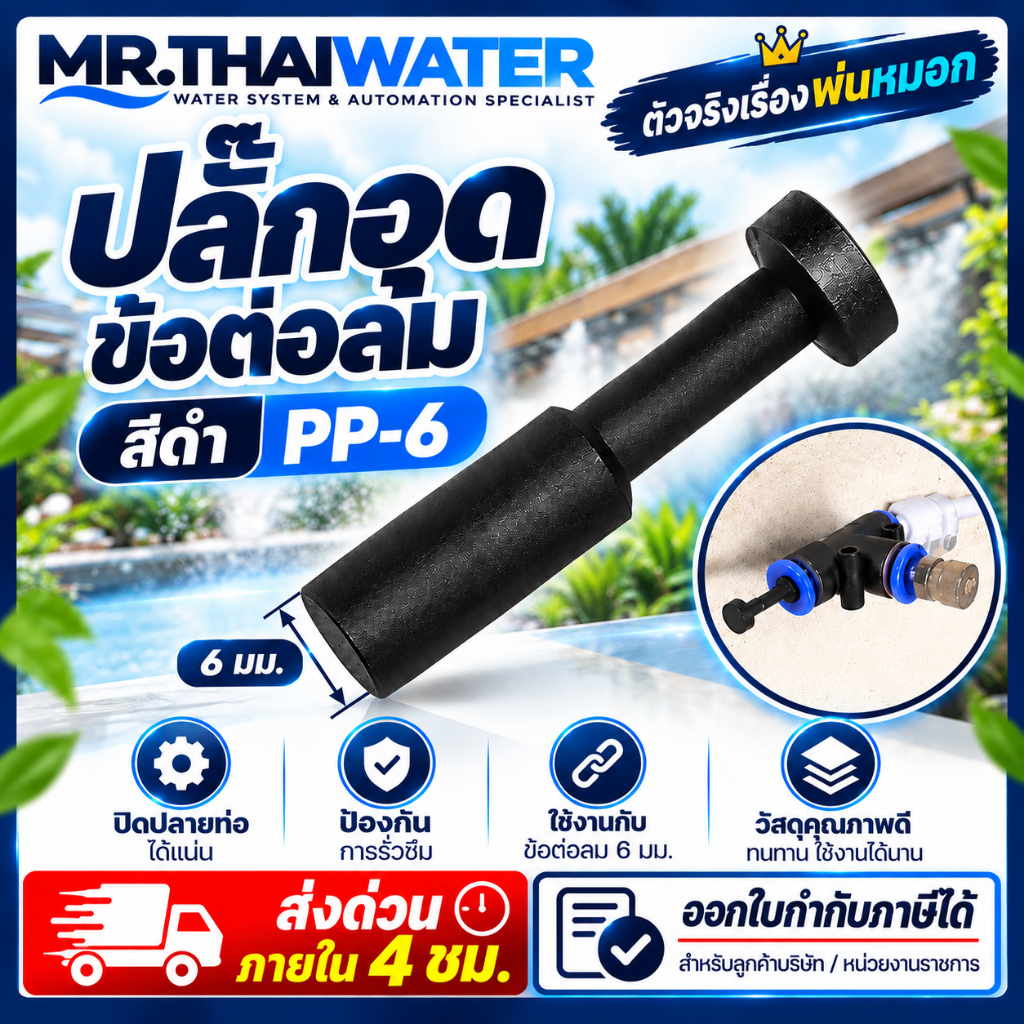 ปลั๊กอุดสายลม PP ปิดรูข้อต่อลม 6 มม. สีดำ