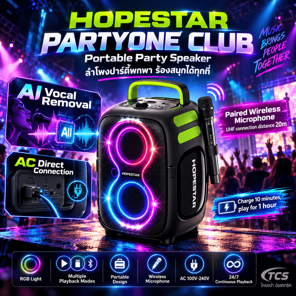[ผ่อน0%]HOPESTAR PARTYONE CLUB ลำโพงบลูทูธ 650W ไมค์คู่ไร้สาย เบสหนัก AI SoundBoost ประกันศูนย์ 1ปี