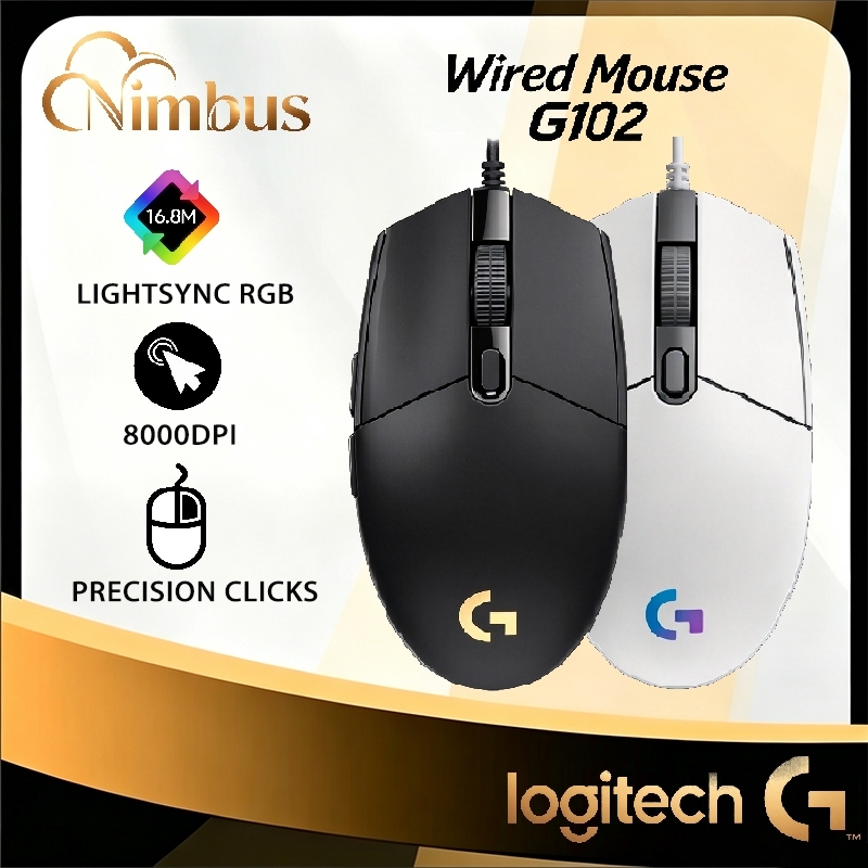 Logitech G102 LIGHTSYNC เมาส์เกมมิ่ง ไฟ RGB 8000 DPI เมาส์เล่นเกม สำหรับ PC โน้ตบุ๊ค （White/Black）