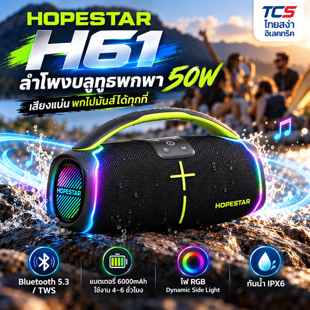 HOPESTAR H61 ลำโพงบลูทูธ 50W BT 5.3 ไฟ RGB กันน้ำ IPX6 รองรับ TWS 1+1 / AUX 3.5mm