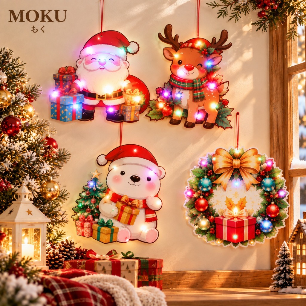 MOKU ไฟคริสต์มาสแขวนผนัง LED Christmas Decoration ของตกแต่งคริสต์มาส ประดับต้นคริสต์มาส ซานตาครอส กวางเรนเดียร์ พวงมาลัย