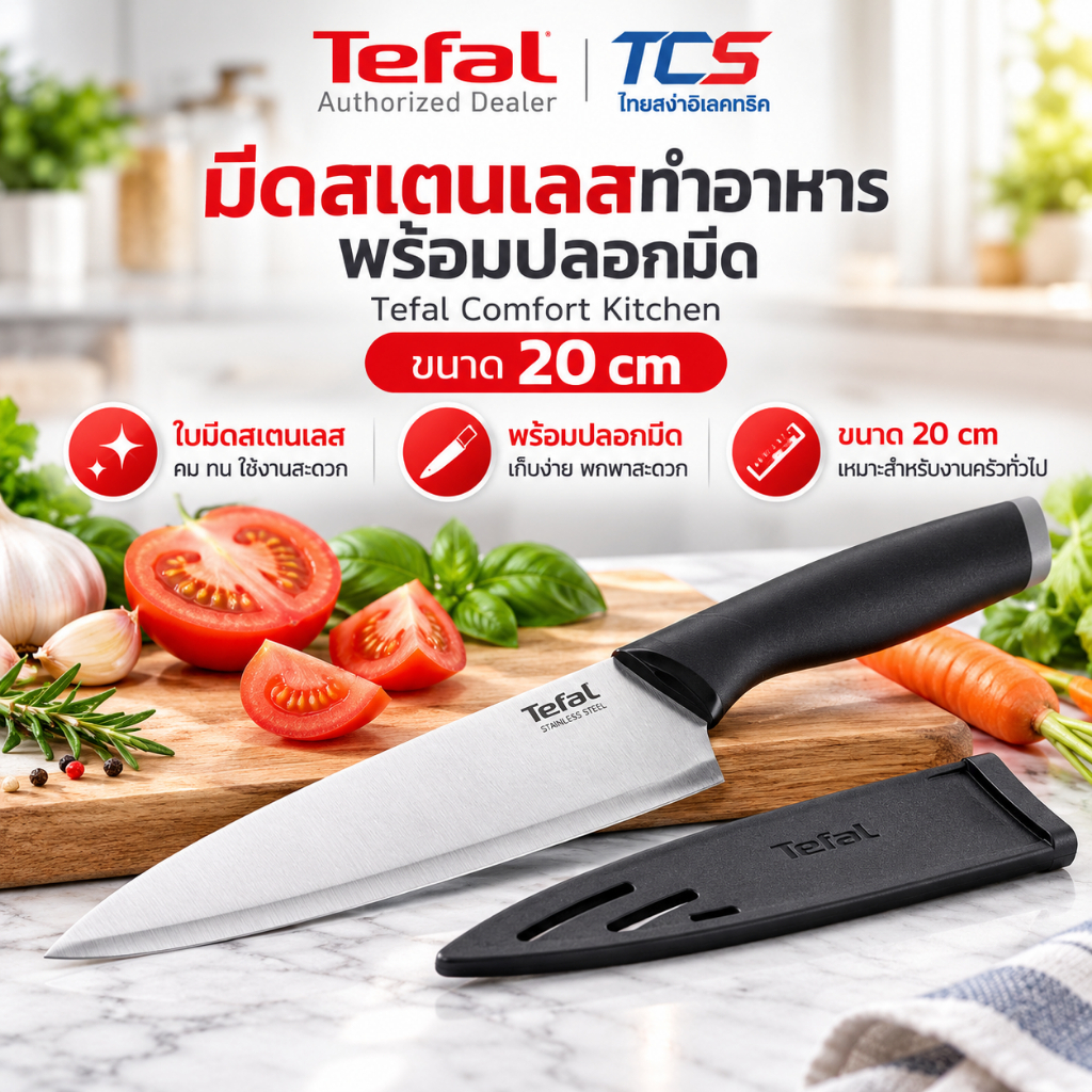 Tefal มีดสเตนเลสทำอาหาร พร้อมปลอกมีด Comfort Kitchen ขนาด 20 Cm K2213204