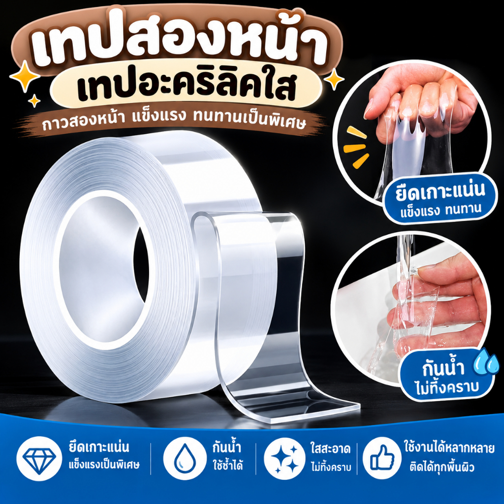 เทป อะคริลิคใส 1/2/3/5 เมตร กาว2หน้า กันน้ํา กันเชื้อรา มีกาวในตัว เหนียวแน่น ไม่ทิ้งคราบกาว ใช้ซ้ำได้ ใช้งานได้หลากหลาย