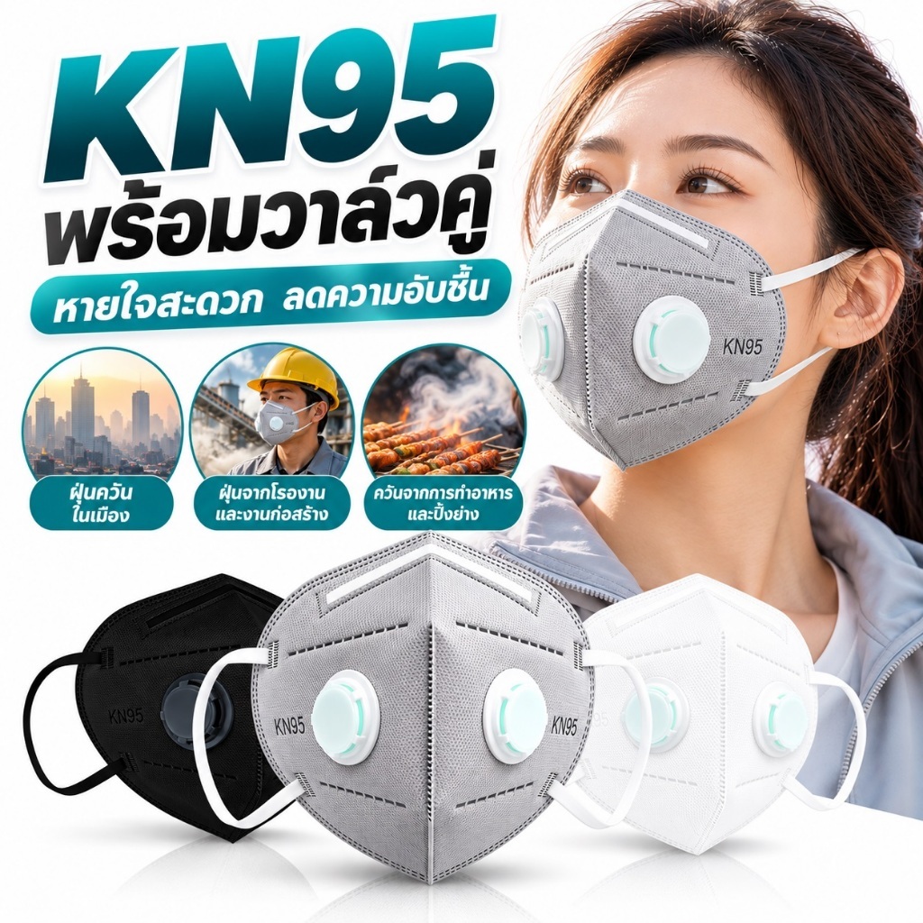 Maskหน้ากาก KN95 วาล์วคู่ 7 ชั้น คาร์บอนคล้องหู สำหรับ PM2.5 ฝุ่นโรงงาน ฝุ่นก่อสร้าง ควัน และงานช่าง