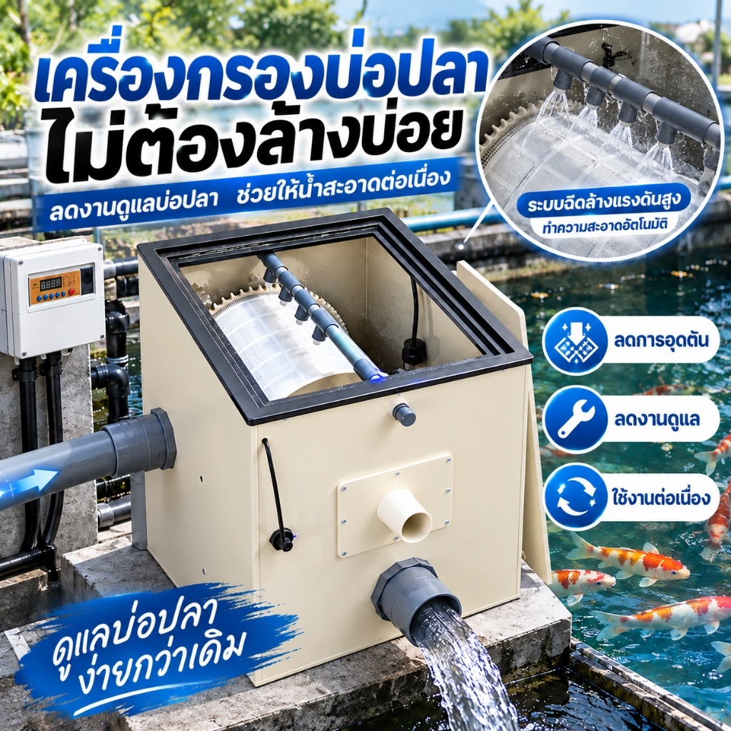 ระบบกรองบ่อปลาอัตโนมัติ Drum Filter ล้างย้อนอัตโนมัติ กรองละเอียด สำหรับบ่อปลาคาร์ป 10T 20T 30T
