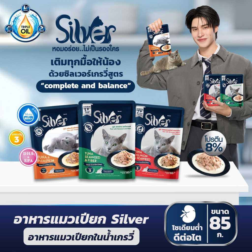 Silver طعام قطط رطب بالمرق Complete & Balanced ‏85 غ × 24 كيس