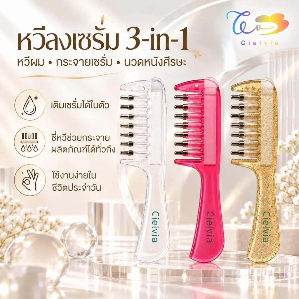Cielvia หวีลงเซรั่ม 3-in-1 เติมเซรั่มได้ในตัว หวีนวดหนังศีรษะ ปลายหัวมนมีลูกกลิ้ง พร้อมฝาครอบและหลอดเติม