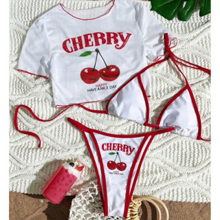 3ชิ้น ชุดว่ายน้ำ บิกินี่ พร้อมเสื้อครอปซีทรู พิมพ์ลายเชอร์รี…